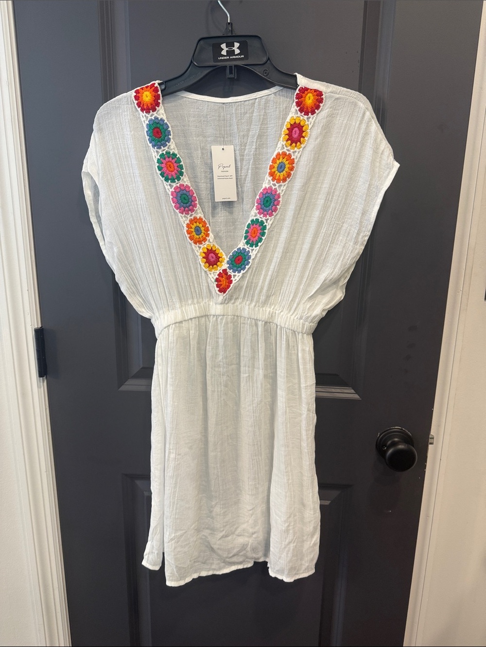 White Embroidered V-Neck Tunic with Colorful Floral Trim